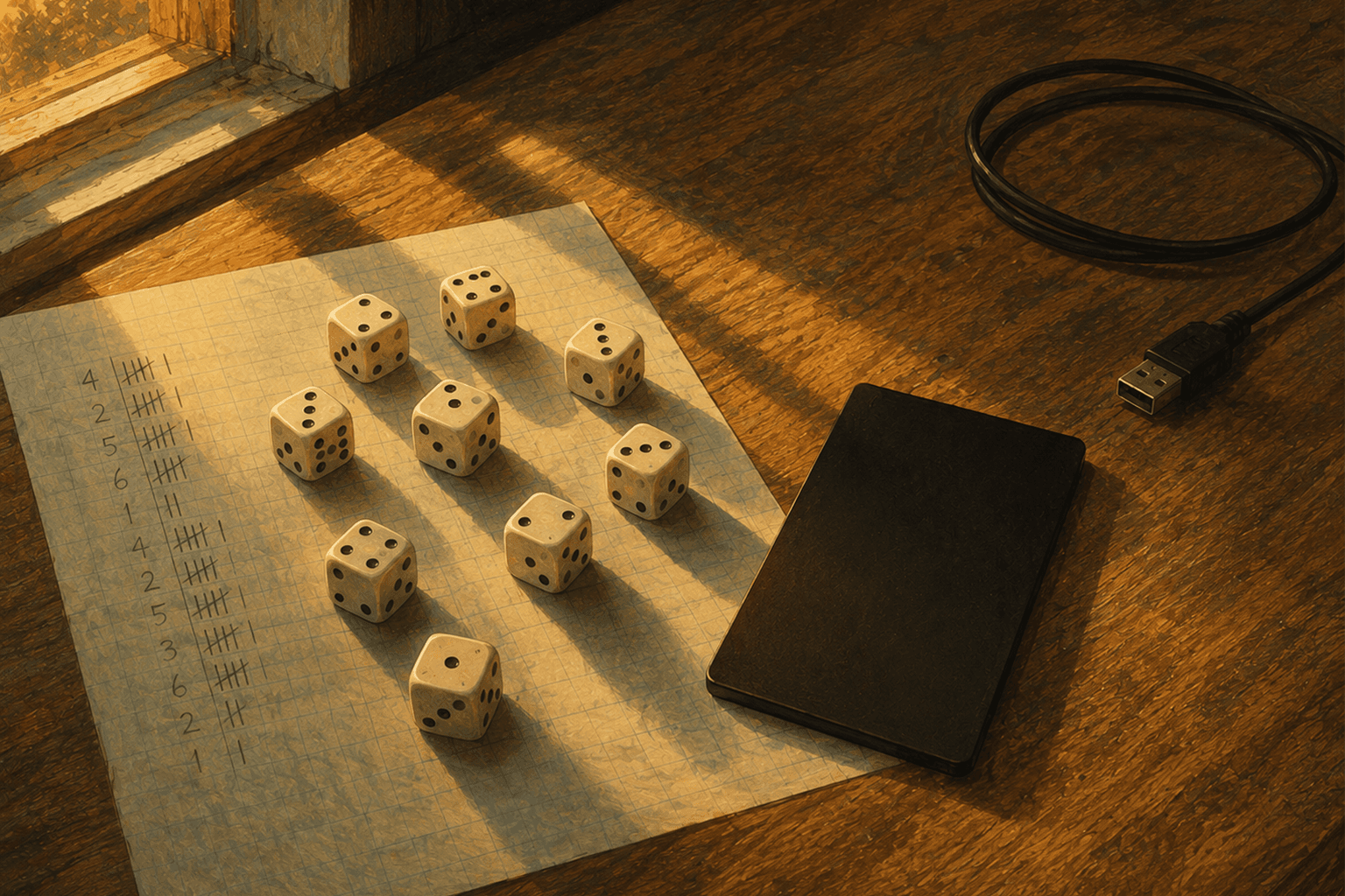 Dice and tally beside an offline hardware wallet