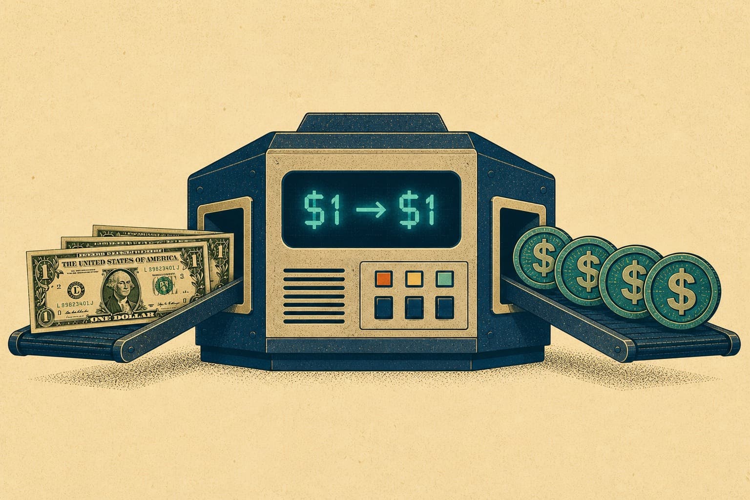 Stablecoin $1 peg illustration — dollars to digital dollars